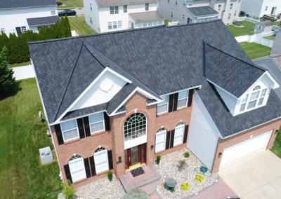 Aerial view of roofing work completed by Kirkin Exteriors